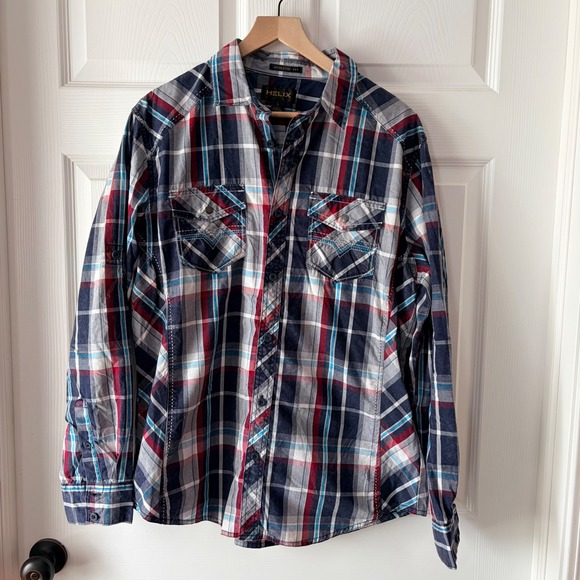 Helix Other - Helix Mens Large Athletic Fit Plaid Button Down Shirt Navy Red Long Sleeve